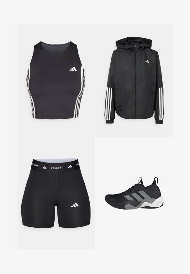 Črna lahka jakna s kapuco, z polnim zadrgo spredaj, elastikami na zapestjih in belimi tridelnimi poudarki na rokavih.; Črn športni kratki top iz elastičnega materiala, z belimi stranskimi črtami in naglasom logotipa Adidas na levem prsnem delu.; Črne kratke hlače iz elastične tkanine s prilegajočim dizajnom. Imajo širok črn pas z oznako "TECHFIT" in belo logo na nogi.; Črne atletske čevlje z zračnim mrežastim zgornjim delom, s sivimi poudarki, teksturiranim podplatom in tremi značilnimi črtami na strani.