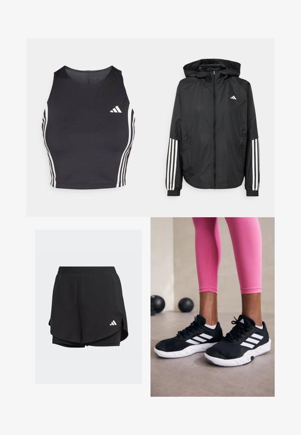 Black lightweight jacket with a hood, featuring a full zip front, elastic cuffs, and white three-stripe accents on sleeves.; Black athletic crop top made of stretchy material, featuring white side stripes and an Adidas logo accent on the left chest.; Black athletic shorts with an elastic waistband, layered design, inner fitted shorts, and a white logo on the lower left side.; Black athletic shoes with white stripes, textured mesh upper, and a white sole. Worn with pink leggings, showcasing training apparel.
