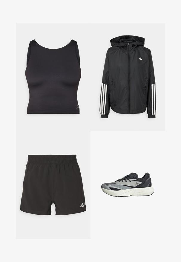 Giacca leggera nera con cappuccio, caratterizzata da una zip frontale completa, polsini elastici e accenti bianchi a tre strisce sulle maniche.; Top sportivo nero a maniche corte realizzato in tessuto liscio ed elastico, con scollatura rotonda. Presenta un discreto dettaglio del logo.; Shorts atletici neri realizzati in tessuto leggero. Presentano una vita elasticizzata, una tasca con zip laterale e un logo riflettente sull'orlo.; Scarpe da corsa con una tomaia in mesh grigia e nera, sovrapposizioni geometriche, una suola bianca spessa e dettagli testurizzati. Marchio "LIGHTSTRIKE" visibile.