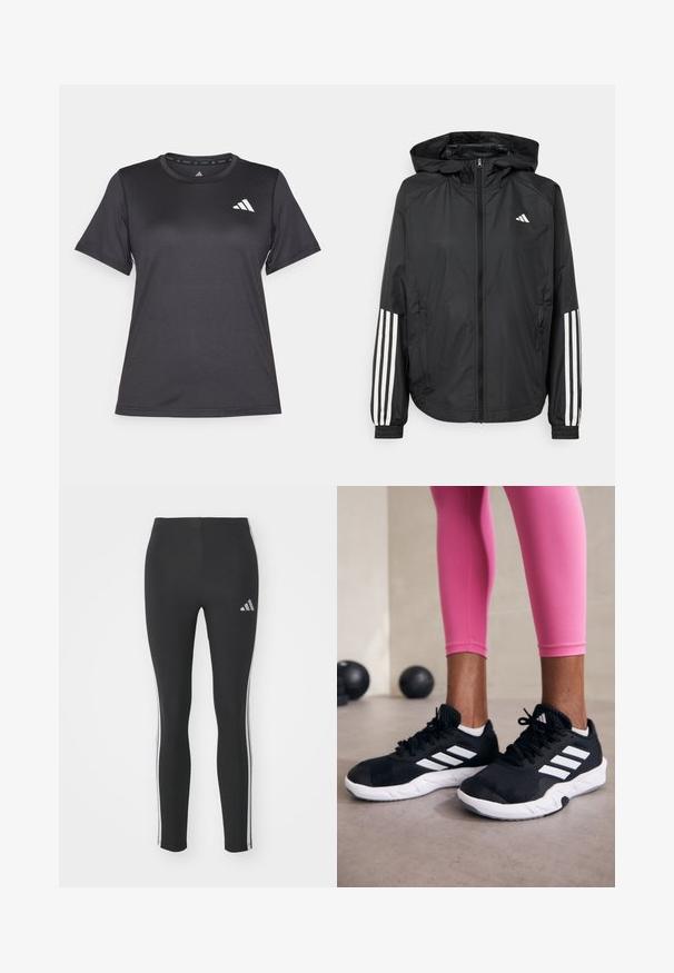 Mustikas kerge jope kapuutsiga, eesmise täispika zipiga, elastsete varrukate ja valgete kolme triibu aktsentidega varrukatel.; Must mustelaste värvi sportlik T-särk, mis on valmistatud siledast ja kergest kangast. T-särgil on ümmargune kaelus ja lühikesed varrukad, rinnal on valge logo.; Mustad, venivast materjalist mustad legginsid, valgete külgribadega ja väikese peegeldava logoga vasakul ülal.; Mustad must sportlikud jalanõud valgete triipudega, tekstureeritud võrkkattega ülemine osa ja valge tallaga. Kombineeritud roosade retuusidega, tutvustades treeningriideid.