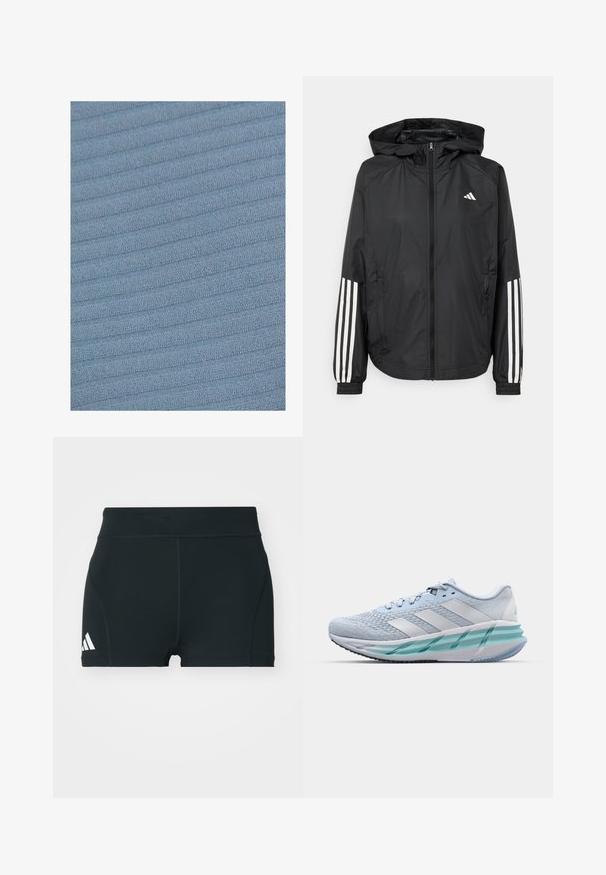 Schwarze, leichte Jacke mit Kapuze, die einen durchgehenden Reißverschluss, elastische Bündchen und weiße dreistreifige Akzente an den Ärmeln aufweist.; Helles blaues Gewebe mit einer strukturierten, gerippten Musterung. Die Oberfläche zeigt sanfte, erhobene Linien, die horizontal über das Material verlaufen.; Schwarze Sportshorts aus elastischem Material, mit hohem Bund, taillierter Form und weißem Adidas-Logo auf der linken Seite.; Helle blaue Sportschuhe mit einem strukturierten Strickobermaterial, weißen Akzenten und einer transparenten grünen Zwischensohle. Abgerundete Zehenpartie und gepolsterter Schaft.