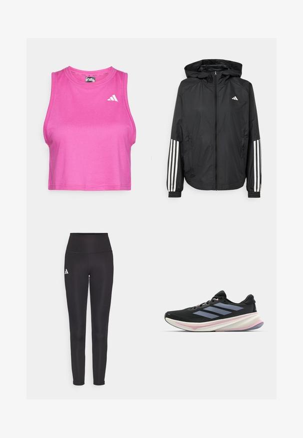 Črna lahka jakna s kapuco, z polnim zadrgo spredaj, elastikami na zapestjih in belimi tridelnimi poudarki na rokavih.; Roza atletska kratka majica iz smooth, raztegljive tkanine. Ima okroglo ovratnico in belo logotip na levem delu prsnega koša.; Črne pajkice z visokim pasom, izdelane iz raztegljive tkanine. Imenuje jih bela oznaka na levi strani in elegantna, brezšivna zasnova. Gladka tekstura.; Črne tekaške čevlje z mrežastim zgornjim delom, svetlo vijoličnimi poudarki in tremi vodoravnimi sivo-črnimi črtami. Imajo oblazinjen podplat za udobje.