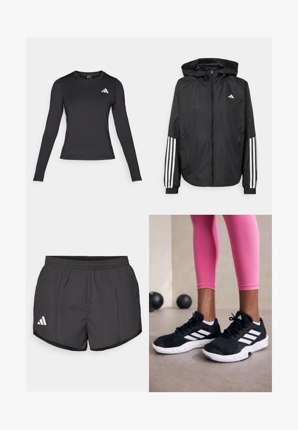 Casaco leve preto com capuz, apresentando um fecho de correr na frente, punhos elásticos e detalhes em branco com três riscas nas mangas.; Camisa de atletismo preta de mangas longas feita de um material suave e elástico. Apresenta um logótipo branco no peito. Design ajustado com decote redondo.; Calções atléticos pretos feitos de tecido leve, com um cós elástico e um logo branco da Adidas no canto inferior esquerdo.; Sapatos de treino pretos com riscas brancas, parte superior em malha texturizada e sola branca. Usados com leggings cor-de-rosa, destacando roupa de treino.