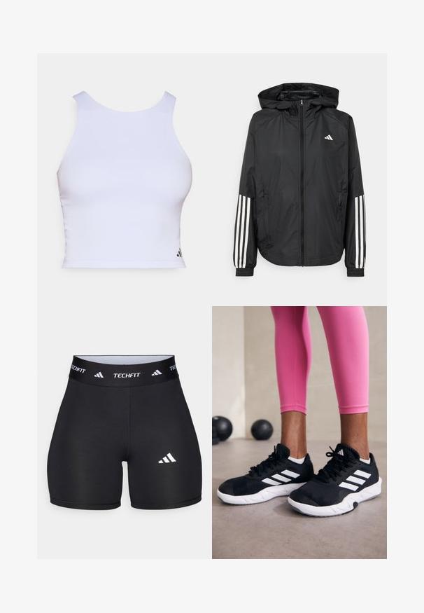 Sort letvægtsjakke med hætte, der har fuld lynlås fortil, elastiske manchetter og hvide tre-stribede detaljer på ærmerne.; Hvid sports crop top lavet af glat stof, med rund halsudskæring, uden ærmer og et lille sort logo i nederste hjørne.; Sorte shorts lavet af strækbart stof med en tætsiddende design. Har en bred sort elastik med påskriften "TECHFIT" og et hvidt logo på benet.; Sorte sportssko med hvide striber, tekstureret mesh-overdel og en hvid sål. Bæres med pink leggings, der fremhæver træningstøj.