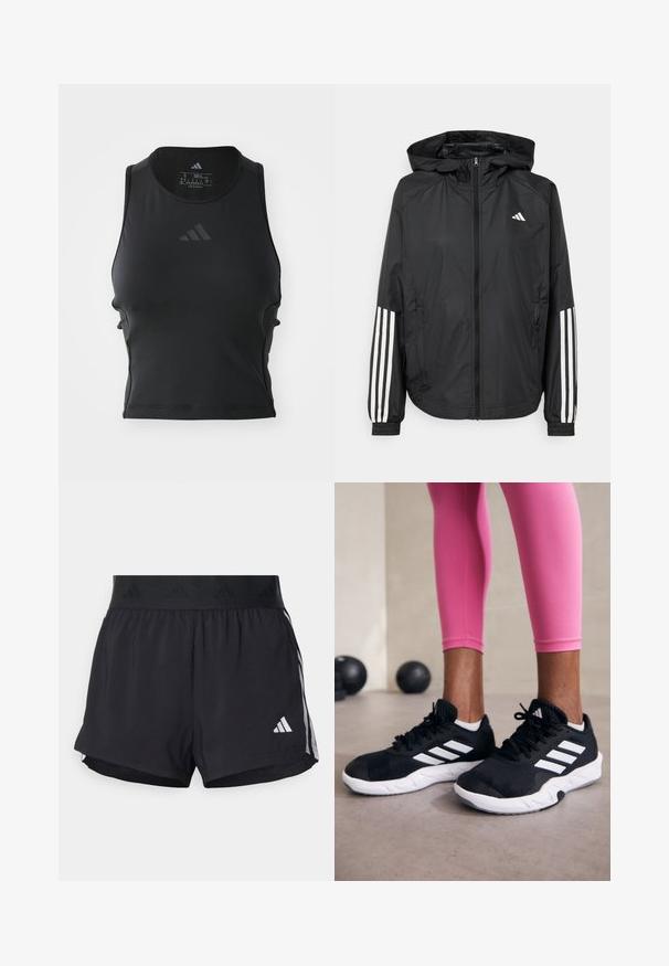 Černá lehká bunda s kapucí, která má plný zip vpředu, elastické manžety a bílé třípruhové akcenty na rukávech.; Černý zkrácený fitness top vyrobený z hladké, elastické tkaniny; má kulatý výstřih a malou reflexní loga na přední straně.; Černé sportovní šortky s elastickým pasem, s texturovaným páskem, bočními pruhy a bílým logem Adidas na dolním lemu.; Černé sportovní boty s bílými pruhy, texturovaný síťovinový svršek a bílá podrážka. Nosené s růžovými legínami, které předvádějí tréninkové oblečení.