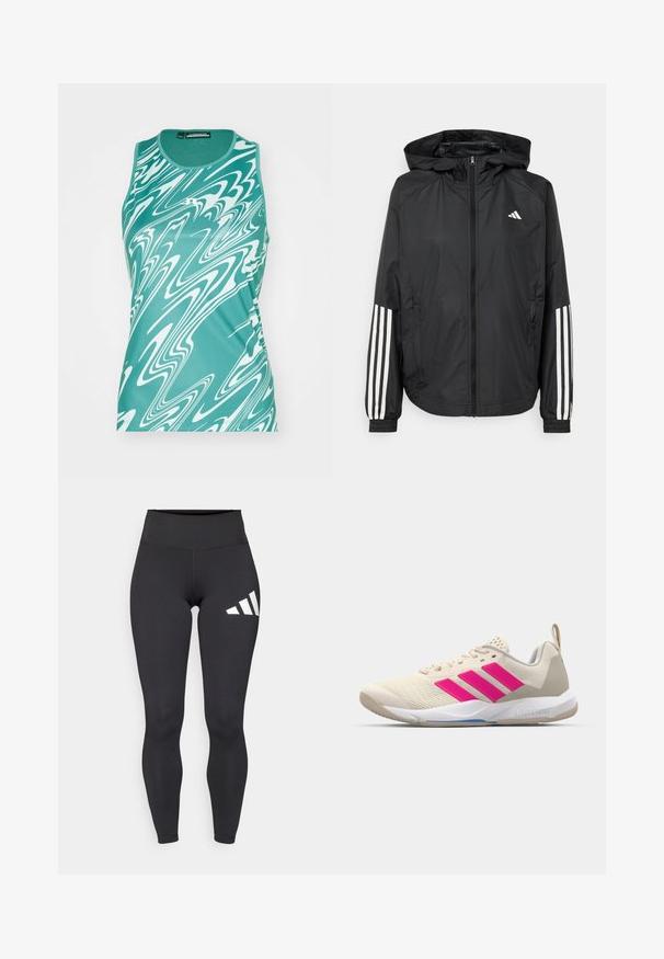 Juodas lengvas džemperis su gobtuvu, turi pilną užtrauktuką priekyje, elastingas rankovių gumytes ir baltus tris juostų akcentus ant rankovių.; Turkio spalvos marškinėliai be rankovių su baltais vingių raštais. Pagaminti iš lygaus audinio, turi apvalų iškirpimą ir nešiojamą dizainą. Lyginamas apdaila apatinėje dalyje.; Juodos leggings, pagaminti iš tamprių medžiagų, turi aukštą juosmenį ir tris baltas diagonales juosteles ant kairiojo šlaunies. Lygus paviršius.; Bežiniai sportiniai bateliai su rožinėmis trimis juostomis, tekstūruota tinklelio viršutinė dalis, paminkštinta apykaklė ir balta guma neslystančia padu, turintys "LIGHTSTRIKE" prekės ženklą.