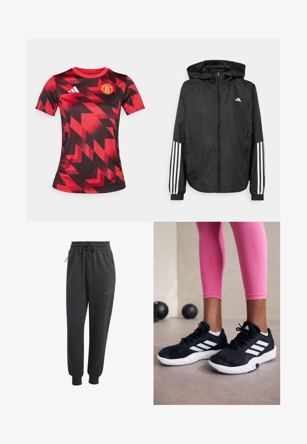 Czarna, lekka kurtka z kapturem, z pełnym zapięciem na zamek, elastycznymi mankietami i białymi, trzema paskami na rękawach.; Czerwono-czarna piłkarska koszulka z krótkim rękawem z geometrycznym nadrukiem, z logo Manchesteru United na lewym piersi oraz logo Adidasa po prawej stronie.; Czarne spodnie sportowe z elastycznym paskiem w talii, bocznymi kieszeniami na zamek błyskawiczny oraz zwężanymi mankietami. Posiadają subtelną sylwetkę logo w pasującym kolorze na udzie.; Czarne sportowe buty z białymi paskami, teksturowana siateczkowa cholewka i biała podeszwa. Nosi je osoba w różowych legginsach, prezentując odzież treningową.