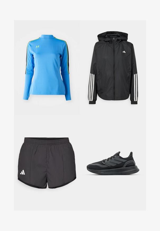 Svart lätt jacka med huva, som har full dragkedja framtill, elastiska ärmslut och vita tre-stripes accenter på ärmarna.; Ljusblå långärmad atletisk topp med hög krage. Har svarta och neongröna ränder på axlarna. Slät, elastisk tyg.; Svarta idrottsshorts i lätt material, med elastisk midja och en vit Adidas-logotyp på nedre vänstra sidan.; Svarta sportskor med överdel i mesh, texturerade paneler, detaljer med tre ränder och en böjd sula märkt "LIGHT BOOST."