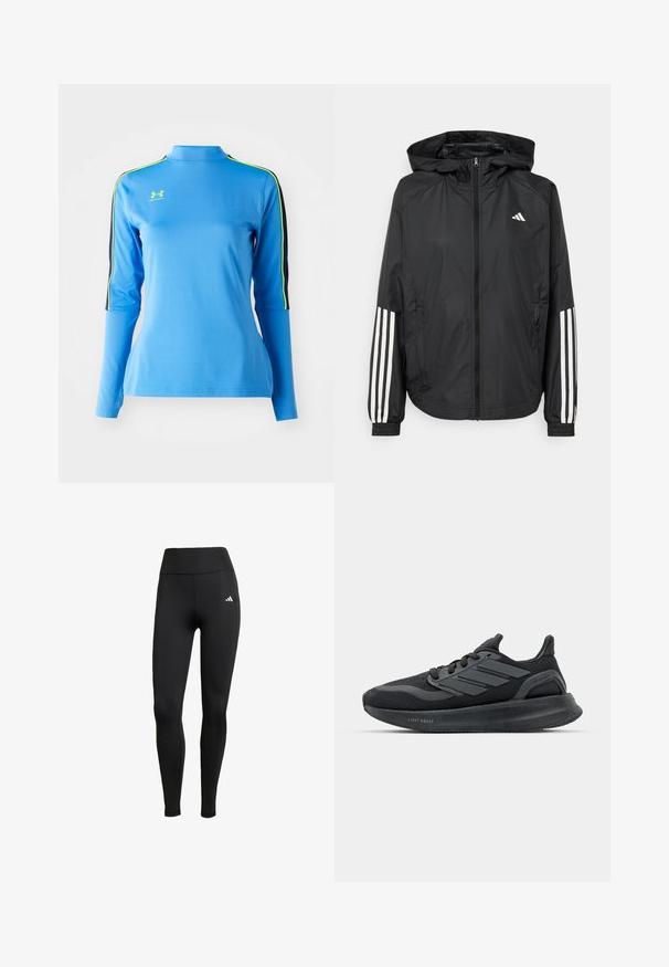 Svart lett jakke med hette, med full glidelås foran, elastiske mansjetter og hvite tre-stripes detaljer på ermene.; Lyseblå langermet treningstopp med høy hals. Har svarte og neongrønne striper på skuldrene. Glatt, elastisk stoff.; Sorte treningsleggings med høy midje. Laget av elastisk stoff med en hvit logo detalj på øvre venstre side.; Svarte sportsko med mesh-overdel, teksturerte paneler, tre striper detaljer og en buet såle merket "LIGHT BOOST."