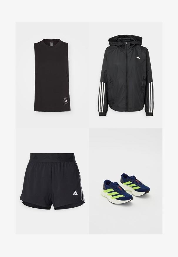Jachetă ușoară neagră cu glugă, cu fermoar pe întreaga lungime, manșete elastice și accente albe cu trei dungi pe mâneci.; Top negru fără mâneci, confecționat din bumbac moale, cu decolteu tip crew și un logo circular alb în colțul din dreapta jos.; Shorts de atletism negri cu un brâu elastic, având o bandă texturată, dungi laterale și un logo alb Adidas pe tivul de jos.; Pantofi de alergare bleu marin cu dungi neon verzi, suprafață texturată, talpă albă cu amortizare, design cu sireturi și accent roșu pe limbă.