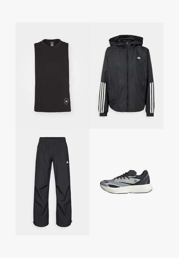 Crna lagana jakna s kapuljačom, s punim zdravo zatvaranjem, elastičnim manžetama i bijelim trostrukim trakama na rukavima.; Crna majica bez rukava od mekane pamučne tkanine, s okruglim izrezom i kružnim logotipom u bijeloj boji na donjem desnom kutu.; Crne, lagane, vodootporne hlače s elastičnom strukom, bočnim džepovima i podesivim manžetama. Sadrži bijeli logo na lijevom bedru.; Trkačke tenisice s gornjim dijelom od sive i crne mrežice, geometrijskim prekrivačima, debelim bijelim potplatom i taktilnim naglascima. Vidljiv "LIGHTSTRIKE" brend.