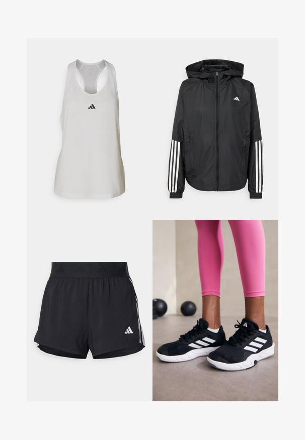 Giacca leggera nera con cappuccio, caratterizzata da una zip frontale completa, polsini elastici e accenti bianchi a tre strisce sulle maniche.; Canottiera atletica bianca realizzata in tessuto leggero, con design a schiena scoperta e un piccolo logo nero sul petto.; Pantaloni sportivi neri con cintura elasticizzata, dotati di una banda testurizzata, strisce laterali e un logo Adidas bianco sull'orlo inferiore.; Scarpe da ginnastica nere con strisce bianche, parte superiore in mesh testurizzato e suola bianca. Indossate con leggings rosa, a mostrare abbigliamento per l'allenamento.