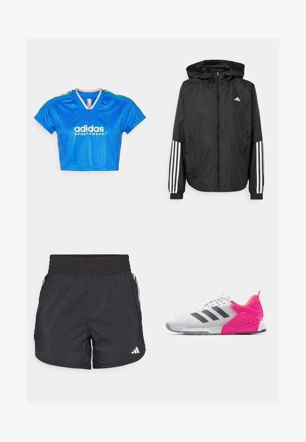 Μαύρο ελαφρύ μπουφάν με κουκούλα, με πλήρη φερμουάρ μπροστά, ελαστικούς καρπούς και λευκές τριπλές ρίγες στα μανίκια.; Μπλε κοντό τζέρσεϊ από γυαλιστερό υλικό, με V-λαιμόκοψη, κοντά μανίκια και πολύχρωμες ρίγες στους ώμους. Στο μπροστινό μέρος αναγράφεται "adidas SPORTSWEAR."; Μαύρα αθλητικά σορτς με ελαστική μέση, πλαϊνές τσέπες και άσπρες ρίγες στα πλάγια. Φτιαγμένα από ελαφρύ υλικό.; Λευκό αθλητικό παπούτσι με γκρι ρίγες, επάνω μέρος από δίχτυ και ροζ φτέρνα και λεπτομέρειες. Διαθέτει υφασμάτινη φτέρνα και καουτσούκ σόλα. Σχοινιά και επενδεδυμένος λαιμός.