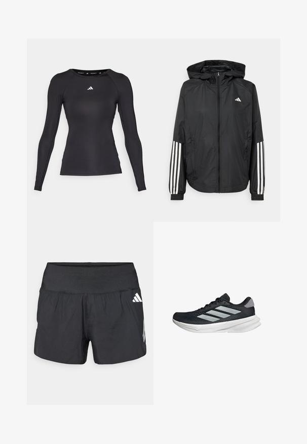 Schwarze, leichte Jacke mit Kapuze, die einen durchgehenden Reißverschluss, elastische Bündchen und weiße dreistreifige Akzente an den Ärmeln aufweist.; Schwarzes langärmliges Sportshirt aus glattem Stoff, mit eng anliegendem Design und weißem Logo auf der Brust sowie im Krageninneren.; Schwarze Sportshorts mit einem breiten elastischen Bund, leichtem Stoff und weißen Logoakzenten an der unteren Seite.; Schwarzer Laufschuh mit Mesh-Obermaterial, drei silbernen Streifen, weißer Zwischensohle und strukturiertem Außensohle. Verfügt über einen gepolsterten Schaft und eine Schnürung.