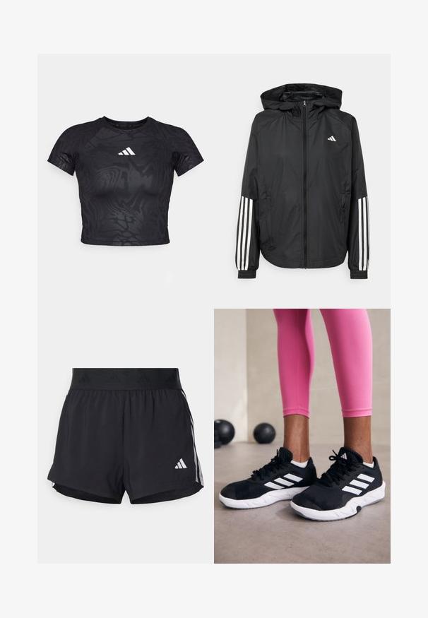 Svart lett jakke med hette, med full glidelås foran, elastiske mansjetter og hvite tre-stripes detaljer på ermene.; Svart kortermet trenings-T-skjorte med teksturmønster, korte ermer og en hvit logo på brystet. Materialet virker glatt og fleksibelt.; Sorte treningsshorts med elastisk midjebånd, med en teksturert stripe, sidestriper og hvit Adidas-logo på den nedre kanten.; Svarte treningssko med hvite striper, teksturert mesh-overdel og hvit såle. Brukt med rosa leggings, som viser frem treningsklær.