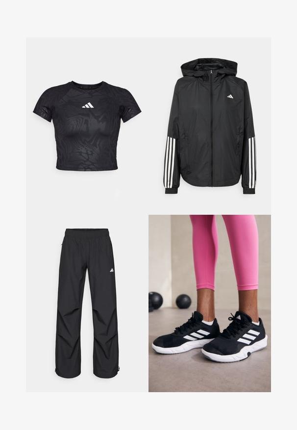 Casaco leve preto com capuz, apresentando um fecho de correr na frente, punhos elásticos e detalhes em branco com três riscas nas mangas.; T-shirt atlético preto cropped com um padrão texturizado, mangas curtas e um logótipo branco no peito. O material parece suave e flexível.; Calças pretas, leves e à prova d'água, com cintura elástica, bolsos laterais e punhos ajustáveis. Apresenta um logótipo branco na coxa esquerda.; Sapatos de treino pretos com riscas brancas, parte superior em malha texturizada e sola branca. Usados com leggings cor-de-rosa, destacando roupa de treino.