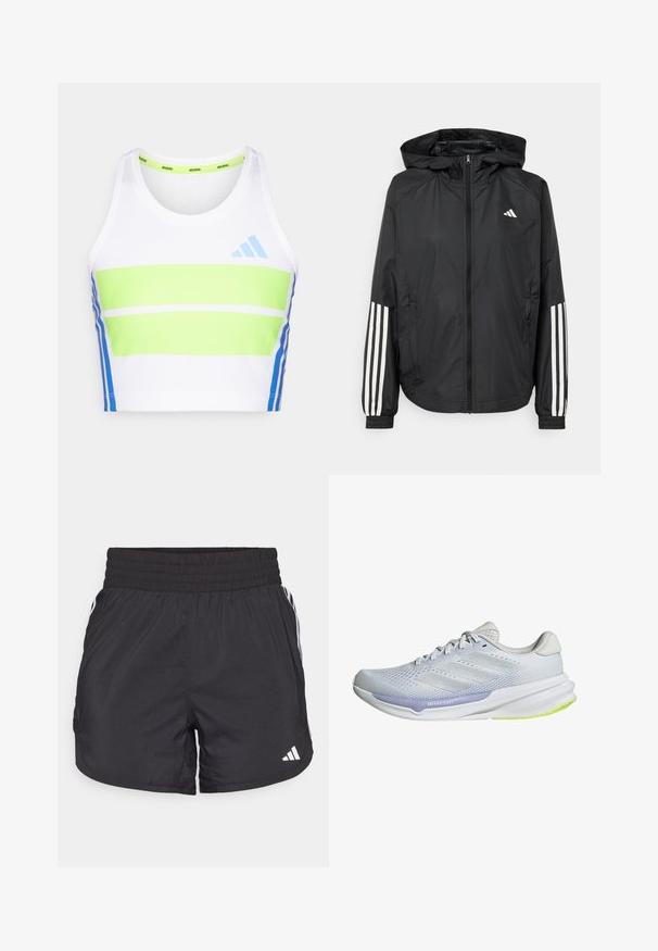 Svart lätt jacka med huva, som har full dragkedja framtill, elastiska ärmslut och vita tre-stripes accenter på ärmarna.; Vit atletisk croptop med gröna och blå horisontella ränder. Har en rund halslinning och blå accentdetaljer på sidorna.; Svarta träningsshorts med elastisk midja, sidfickor och vita randkonturer på sidorna. Tillverkade av lätt material.; Vita idrottssko med ett andningsbart meshtöverdrag, texturerad design och lavendelaccent. Har en vadderad sula med gröna detaljer på yttersulan.