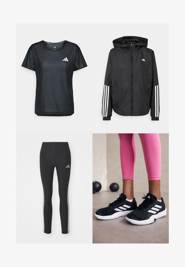 Chaqueta ligera negra con capucha, que cuenta con un cierre frontal de cremallera completa, puños elásticos y acentos blancos de tres rayas en las mangas.; Camiseta deportiva negra con cuello redondo, mangas cortas y una tela texturizada con un patrón sutil. Presenta un logo blanco en la parte frontal.; Leggings negros hechos de material elástico con franjas laterales blancas y un pequeño logo reflectante en la parte superior izquierda.; Zapatillas deportivas negras con rayas blancas, parte superior de malla texturizada y suela blanca. Combinadas con leggings rosa, exhibiendo ropa de entrenamiento.