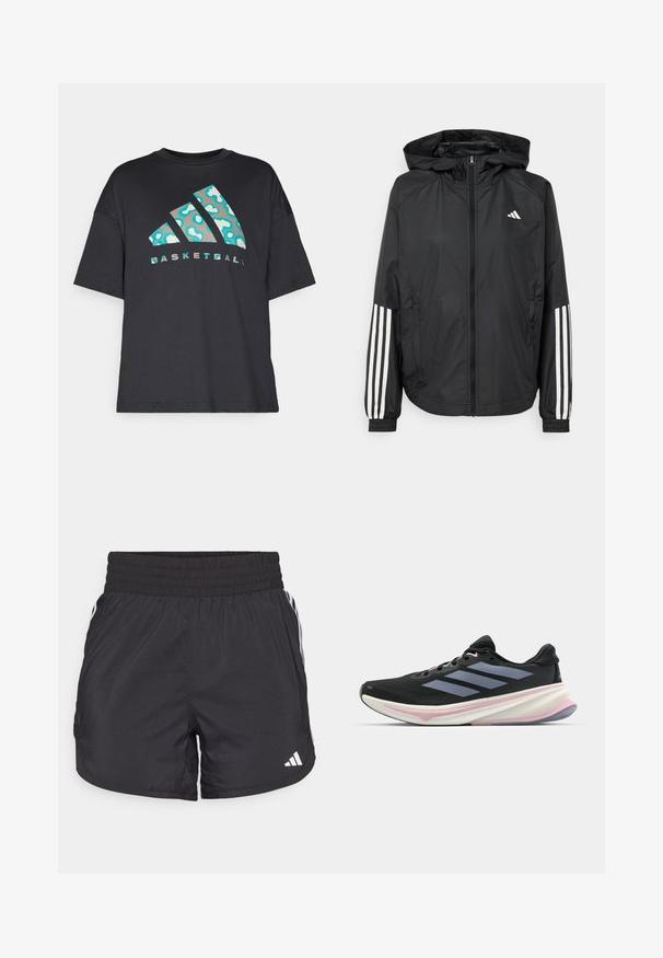 Čierna ľahká bunda s kapucňou, s celoprsným zipsom, elastickými manžetami a bielymi trojprúžkovými akcentmi na rukávoch.; Čierne voľné tričko vyrobené z bavlny, so tyrkysovým abstraktným vzorom a slovom "BASKETBALL" v kontrastnom písme pod logom.; Čierne športové šortky s elastickým pásom, bočnými vreckami a bielymi pruhmi po stranách. Vyrobené z ľahkého materiálu.; Čierna bežecká obuv s hornou časťou z sieťoviny, svetlofialovými akcentmi a tromi horizontálnymi sivými pruhmi. Vyššia podrážka zabezpečuje pohodlie.