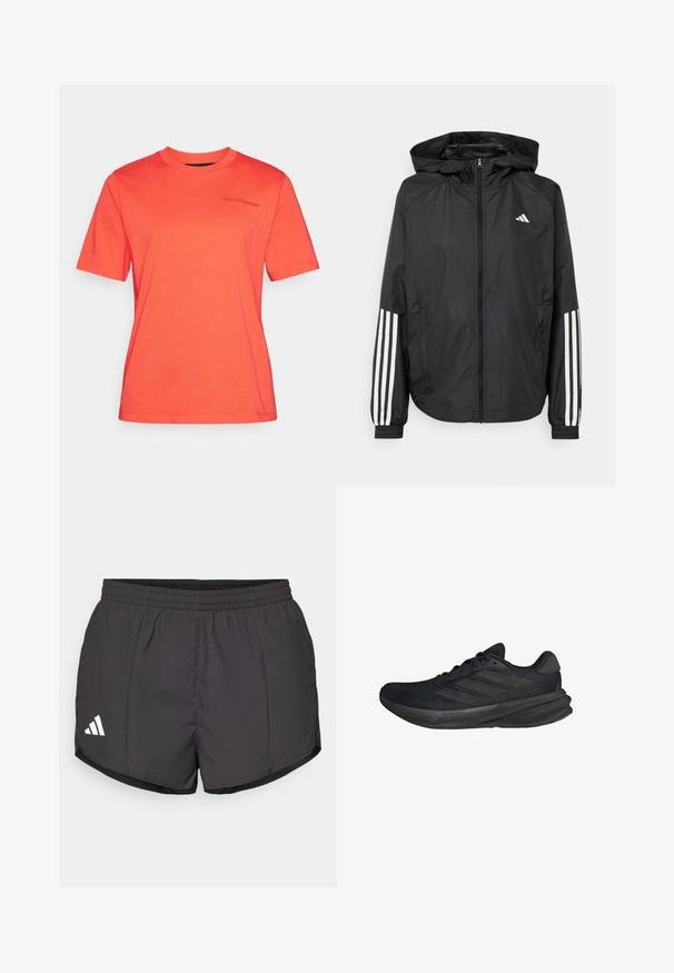 Black lightweight jacket with a hood, featuring a full zip front, elastic cuffs, and white three-stripe accents on sleeves.; Coral short-sleeve T-shirt made of cotton. Round neckline with logo detail on the chest. Smooth texture and regular fit.; Black athletic shorts made of lightweight fabric, featuring an elastic waistband and a white Adidas logo on the lower left side.; Black athletic shoes with a mesh upper, streamlined shape, flat sole, and three diagonal stripes on the side. Lightweight design for comfort.