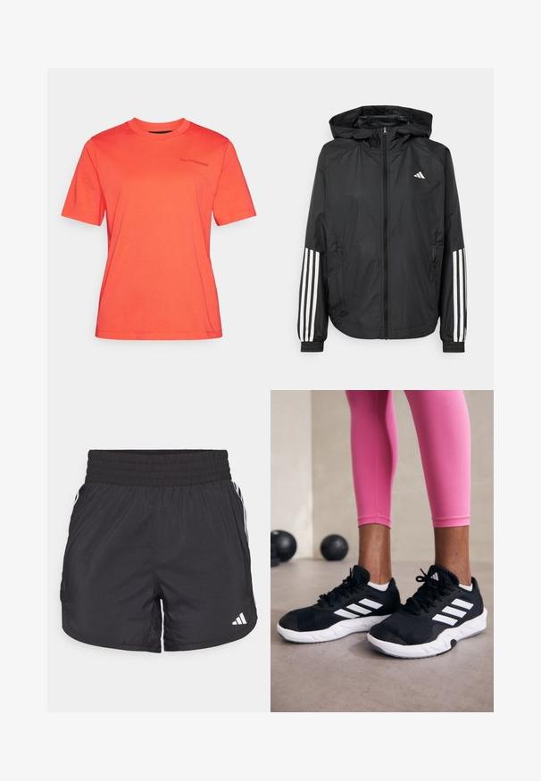 Melnā vieglā jaka ar kapuci, ar pilnu rāvējslēdzēju priekšā, elastīgām aprocēm un baltām trīs svītru akcentiem uz piedurknēm.; Koralā krāsā T-kreklis ar īsām piedurknēm, izgatavots no kokvilnas. Apaļš kakla izgriezums ar logotipa detaļu uz krūtīm. Gluda tekstūra un regulāra fit.; Melnas sporta bikses ar elastīgu jostu, sānu kabatām un baltām svītrām uz sāniem. Izgatavotas no viegla materiāla.; Melnas sporta kurpes ar baltām svītrām, teksturēta sieta augšdaļa un balta zole. Nēsātas ar rozā legingiem, demonstrējot treniņu apģērbu.