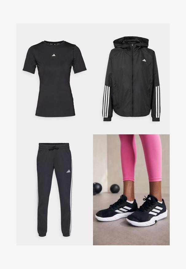 Jachetă ușoară neagră cu glugă, cu fermoar pe întreaga lungime, manșete elastice și accente albe cu trei dungi pe mâneci.; Cămașă sport scurtă, neagră, dintr-un material elastic. Are guler rotund și un mic logo alb pe piept.; Pantaloni de trening navy, fabricați dintr-un material moale, cu dungi albe pe laterale, talie ajustabilă cu șnur și un mic logo pe coapsa stângă.; Adidași negri cu dungi albe, suprafață din plasă texturată și talpă albă. Purtați cu colanți roz, evidențiind îmbrăcămintea sport.