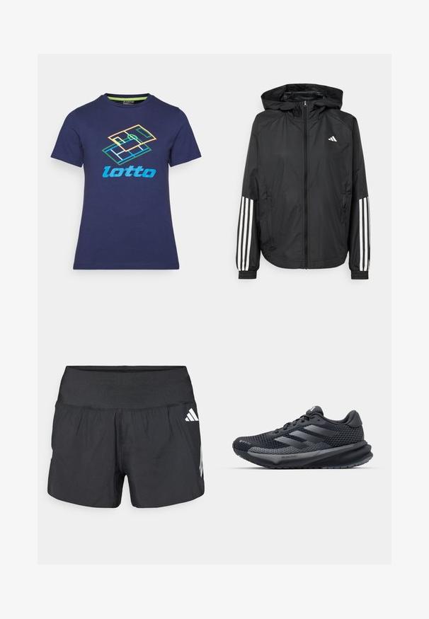 Black lightweight jacket with a hood, featuring a full zip front, elastic cuffs, and white three-stripe accents on sleeves.; Navy blue cotton t-shirt with short sleeves, featuring a multicolored Lotto logo and geometric design printed on the front.; Black athletic shorts featuring a wide elastic waistband, lightweight fabric, and white logo accents on the lower side.; Black athletic shoe with a textured mesh upper, reflective accents, cushioned sole, and a streamlined design. Features three stripe logo.