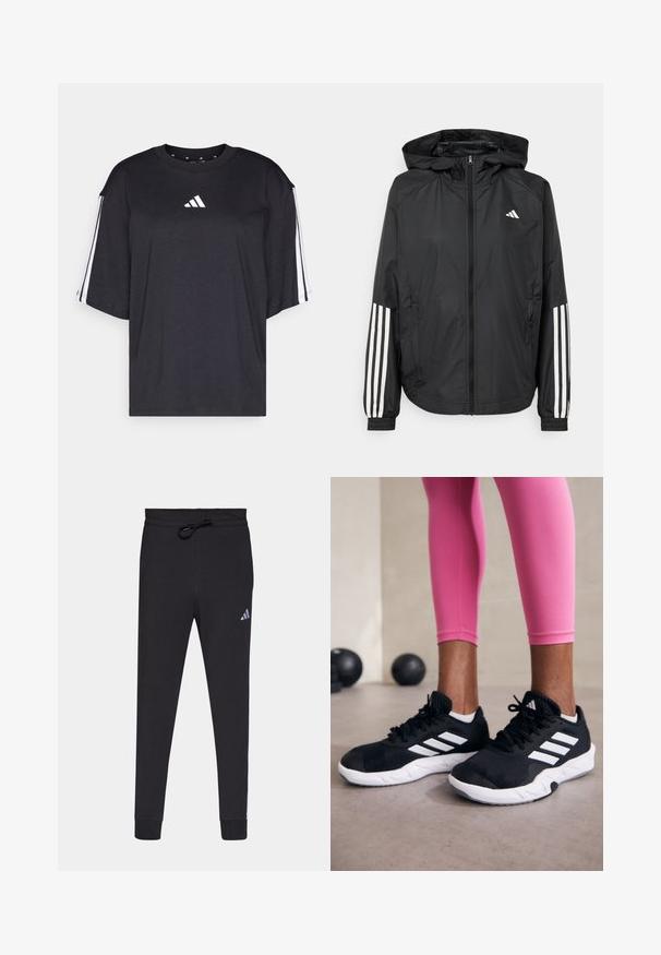 Černá lehká bunda s kapucí, která má plný zip vpředu, elastické manžety a bílé třípruhové akcenty na rukávech.; Černé tričko s krátkým rukávem vyrobené z bavlny. Obsahuje bílé logo na hrudi a bílé pruhy po ramenou. Standardní kulatý výstřih.; Černé sportovní kalhoty vyrobené z jemné tkaniny, s elastickým pasem na šňůrku, zúženými nohavicemi a malým bílým logem Adidas na levém stehně.; Černé sportovní boty s bílými pruhy, texturovaný síťovinový svršek a bílá podrážka. Nosené s růžovými legínami, které předvádějí tréninkové oblečení.