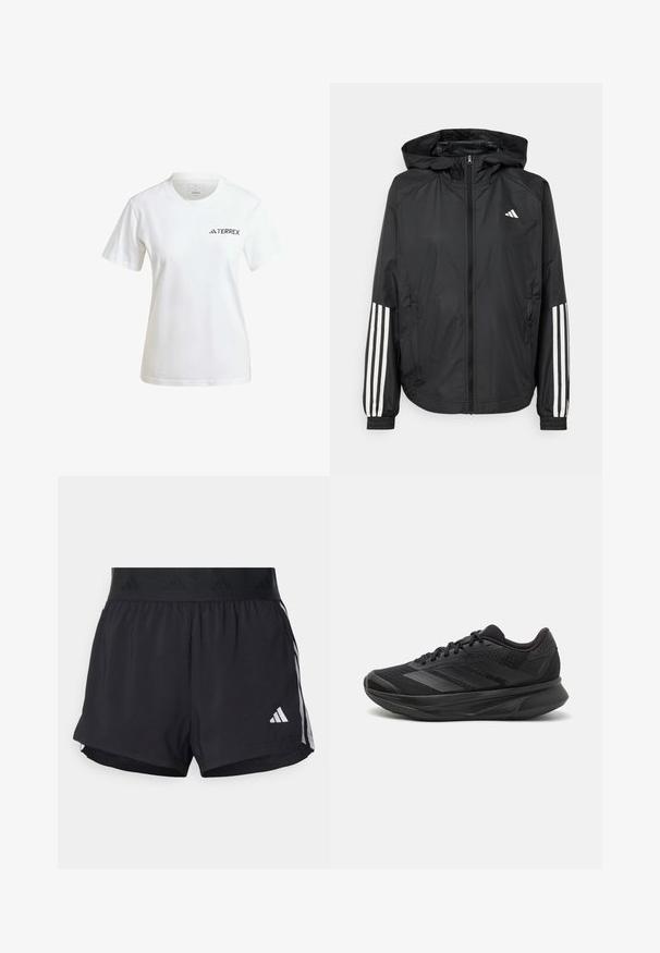 Black lightweight jacket with a hood, featuring a full zip front, elastic cuffs, and white three-stripe accents on sleeves.; White cotton T-shirt with short sleeves. Features a crew neckline and "TERREX" logo in gray on the left side. Simple design.; Black athletic shorts with an elastic waistband, featuring a textured band, side stripes, and a white Adidas logo on the lower hem.; Black running shoe with a breathable mesh upper, rounded toe, sleek design, textured accents, and a cushioned sole for comfort.