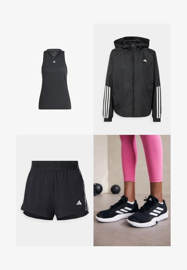 Černá lehká bunda s kapucí, která má plný zip vpředu, elastické manžety a bílé třípruhové akcenty na rukávech.; Černý sportovní top bez rukávů vyrobený z syntetického materiálu. Má kulatý výstřih a malé bílé logo Adidas na hrudi. Hladký povrch.; Černé sportovní šortky s elastickým pasem, s texturovaným páskem, bočními pruhy a bílým logem Adidas na dolním lemu.; Černé sportovní boty s bílými pruhy, texturovaný síťovinový svršek a bílá podrážka. Nosené s růžovými legínami, které předvádějí tréninkové oblečení.