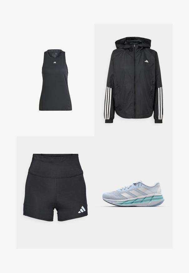 Zwarte lichtgewicht jas met een capuchon, met een volledige ritssluiting aan de voorkant, elastische manchetten en witte accenten met drie strepen op de mouwen.; Zwarte sportieve tanktop van synthetisch materiaal. Bevat een ronde halslijn en een klein wit Adidas-logo op de borst. Glad textuur.; adidas Performance Tights - black; Lichtblauwe sportschoenen met een gestructureerde breitbovenkant, witte accenten en een doorzichtige groene tussenzool. Ronde neus en gevoerde kraag.