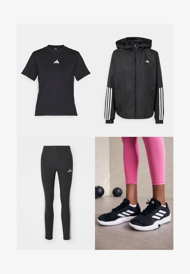 Melnā vieglā jaka ar kapuci, ar pilnu rāvējslēdzēju priekšā, elastīgām aprocēm un baltām trīs svītru akcentiem uz piedurknēm.; Melnā īsās piedurknēs T-kreklā, kas izgatavots no mīksta auduma. Ar baltu Adidas logo un kontrastējošām baltām svītrām sānos.; Melni legingi, izgatavoti no elastīga materiāla, ar baltām sānu svītrām un mazu atstarojošu logotipu augšējā kreisajā pusē.; Melnas sporta kurpes ar baltām svītrām, teksturēta sieta augšdaļa un balta zole. Nēsātas ar rozā legingiem, demonstrējot treniņu apģērbu.