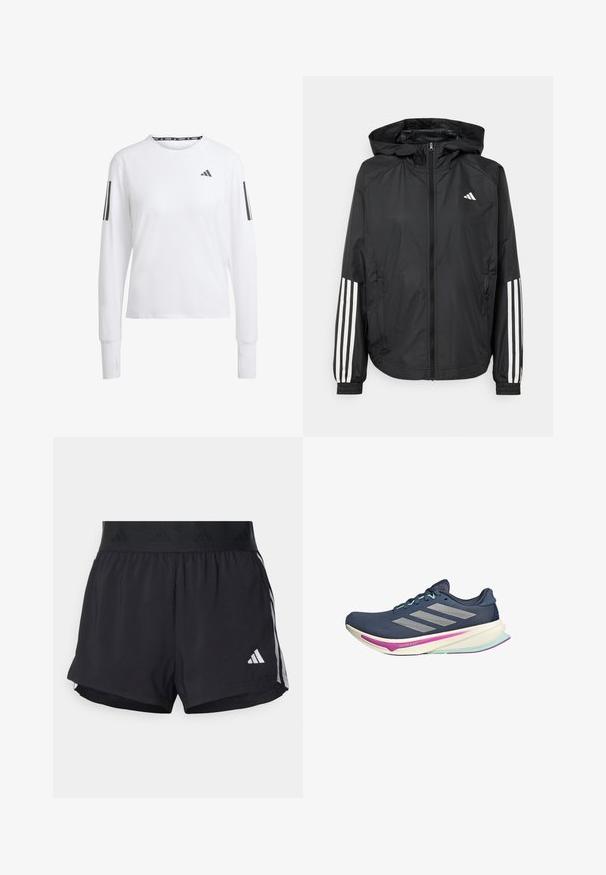 Schwarze, leichte Jacke mit Kapuze, die einen durchgehenden Reißverschluss, elastische Bündchen und weiße dreistreifige Akzente an den Ärmeln aufweist.; Langarm-Sportshirt, weiß mit grauen Akzenten. Verfügt über einen Rundhalsauschnitt, atmungsaktives Material und ein dreistreifiges Design an den Ärmeln.; Schwarze Sportshorts mit einem elastischen Bund, ausgestattet mit einem strukturierten Band, seitlichen Streifen und einem weißen Adidas-Logo am unteren Saum.; Marineblaue Laufschuhe mit Netzoberfläche, silbernen Streifen, mintgrünen Akzenten und gepolsterter Sohle mit pinken und türkisfarbenen Details für zusätzlichen Komfort.