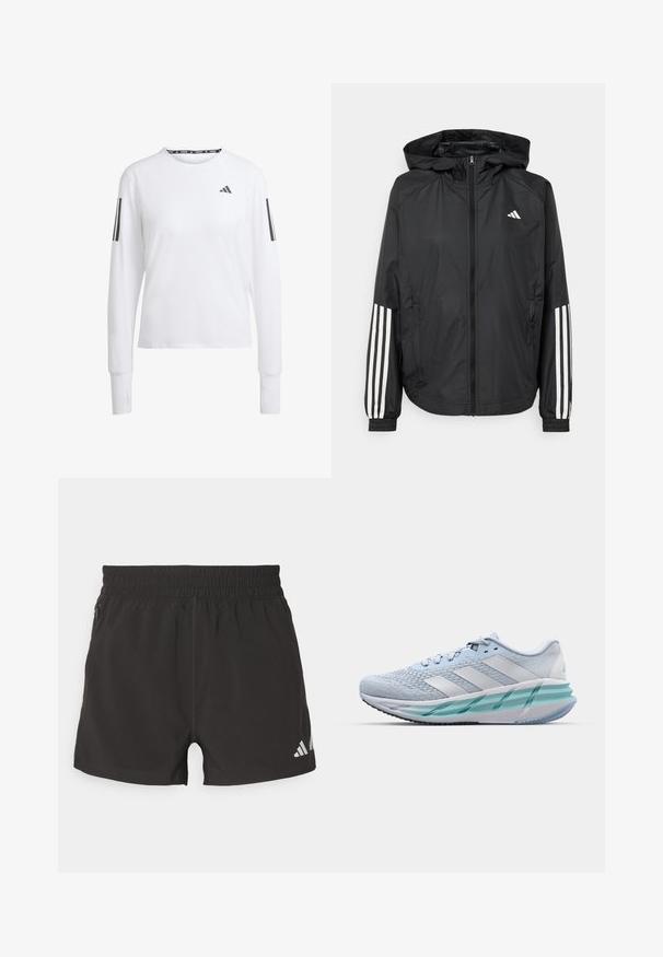Schwarze, leichte Jacke mit Kapuze, die einen durchgehenden Reißverschluss, elastische Bündchen und weiße dreistreifige Akzente an den Ärmeln aufweist.; Langarm-Sportshirt, weiß mit grauen Akzenten. Verfügt über einen Rundhalsauschnitt, atmungsaktives Material und ein dreistreifiges Design an den Ärmeln.; Schwarze sportliche Shorts aus leichtem Stoff. Mit elastischem Bund, seitlicher Reißverschlusstasche und einem reflektierenden Logo am Saum.; Helle blaue Sportschuhe mit einem strukturierten Strickobermaterial, weißen Akzenten und einer transparenten grünen Zwischensohle. Abgerundete Zehenpartie und gepolsterter Schaft.