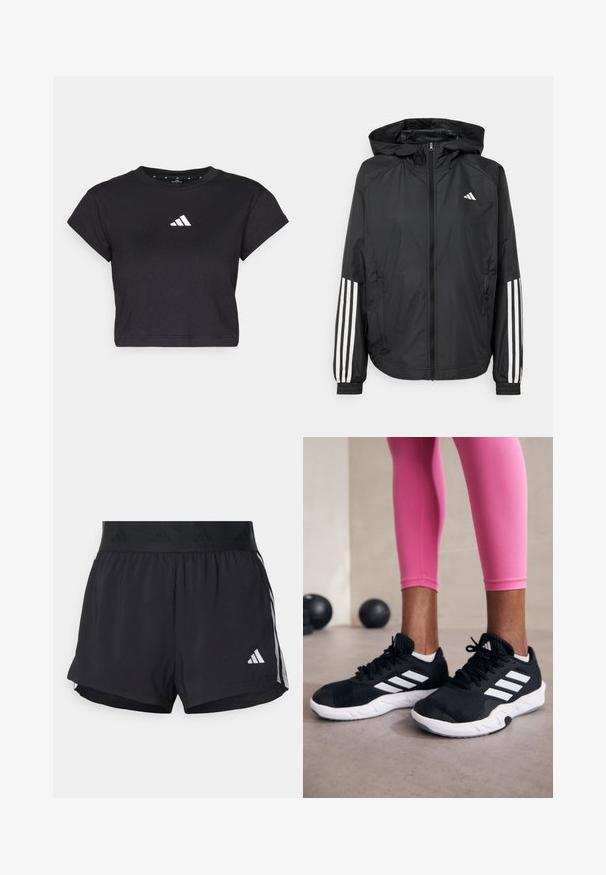 Svart lätt jacka med huva, som har full dragkedja framtill, elastiska ärmslut och vita tre-stripes accenter på ärmarna.; Svart kortärmad t-shirt i bomull, med korta ärmar och en vit Adidas-logga på bröstet. Slät textur, rund halsringning.; Svarta sportshorts med elastisk midja, som har en texturerad rem, sidostråk och en vit Adidas-logotyp på den nedre fållen.; Svarta sportskor med vita ränder, texturerat meshupp, och en vit sula. Bärs med rosa leggings, vilket visar träningskläder.