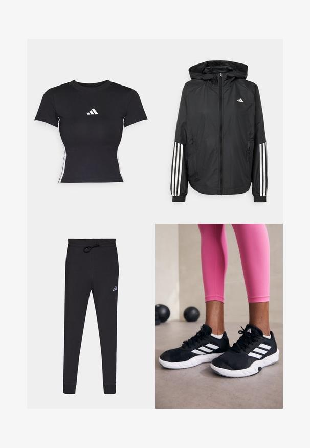 Juodas lengvas džemperis su gobtuvu, turi pilną užtrauktuką priekyje, elastingas rankovių gumytes ir baltus tris juostų akcentus ant rankovių.; Juodas prigludęs marškinėliai, pagaminti iš lygios medžiagos. Turi trumpas rankoves ir baltą adidas logotipą krūtinėje. Baltos juostelės šoninėse.; Juodi sportiniai džinsai, pagaminti iš švelnaus audinio, su raišteliu juosmenyje, siaurėjančiomis kojomis ir mažu baltu "Adidas" logotipu kairėje šlaunyje.; Juodi sportiniai bateliai su baltais dryžiais, tekstūruota tinklinė viršutinė dalis ir balti padai. Dėvimi su rožiniais leggingais, demonstruojant treniruočių aprangą.