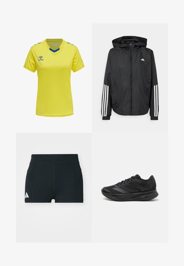 Schwarze, leichte Jacke mit Kapuze, die einen durchgehenden Reißverschluss, elastische Bündchen und weiße dreistreifige Akzente an den Ärmeln aufweist.; Gelbes Sporttrikot aus leichtem Stoff. Verfügt über einen V-Ausschnitt, blaue Akzente am Kragen und an den Schultern sowie ein blaues Logo.; Schwarze Sportshorts aus elastischem Material, mit hohem Bund, taillierter Form und weißem Adidas-Logo auf der linken Seite.; Schwarzer Laufschuh mit einem atmungsaktiven Mesh-Obermaterial, runder Zehenpartie, schlankem Design, strukturierten Akzenten und einer gepolsterten Sohle für Komfort.
