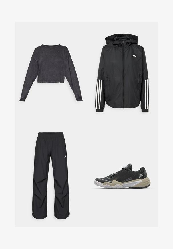 Musta kevyt takki hupparilla, jossa on täysipitkä vetoketju, elastiset hihansuut ja valkoiset kolmonauha-tyyliset yksityiskohdat hihoissa.; Musta lyhythihainen collegepaita, jossa on tekstuuri ja pyöreä kaula-aukko. Vasemmassa rinnassa pieni logo ja ribbaustakautta hihansuissa.; Mustat, kevyet, vedenpitävät housut, joissa on joustava vyötärö, sivutaskut ja säädettävät hihnat. Oikealla reidellä valkoinen logo.; Musta ja beige urheilukenkä, jossa on teksturoitu yläosa, merkittävä pohjarakenne, heijastavat yksityiskohdat ja nauhaketju. Kevyt rakenne.