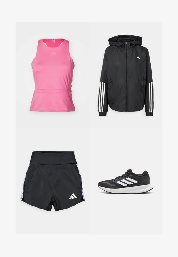 Černá lehká bunda s kapucí, která má plný zip vpředu, elastické manžety a bílé třípruhové akcenty na rukávech.; Růžový sportovní top bez rukávů vyrobený z hladkého, lehkého materiálu. Má kulatý výstřih, design bez rukávů a decentní logo na hrudi.; Černé sportovní šortky vyrobené z lehkého materiálu, s širokým pasem, bílými bočními pruhy a malým bílým logem na dolním lemu.; Černá sportovní obuv s prodyšným svrškem, kulatou špičkou a třemi bílými pruhy na boku. Lehká podešev s texturovanou gumovou podrážkou pro lepší přilnavost.