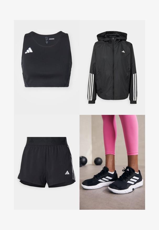 Melnā vieglā jaka ar kapuci, ar pilnu rāvējslēdzēju priekšā, elastīgām aprocēm un baltām trīs svītru akcentiem uz piedurknēm.; Melnā sportiskā ķermeni atbalstošā blūze, izgatavota no elastīga materiāla. Aprīkota ar apaļu kakla izgriezumu un baltu adidas logo kreisajā pusē. Gluda tekstūra.; Melni sporta šorti ar elastīgu jostu, ar teksturētu joslu, sānu svītrām un baltu Adidas logo apakšējā malu.; Melnas sporta kurpes ar baltām svītrām, teksturēta sieta augšdaļa un balta zole. Nēsātas ar rozā legingiem, demonstrējot treniņu apģērbu.