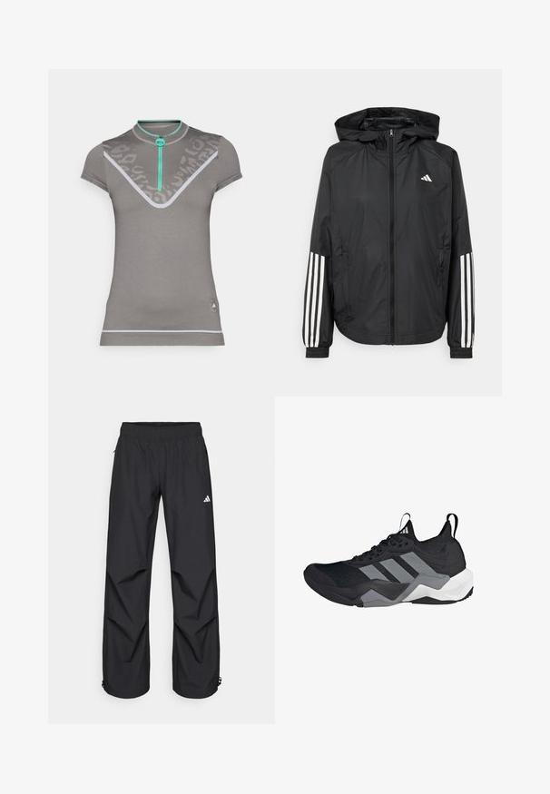 Black lightweight jacket with a hood, featuring a full zip front, elastic cuffs, and white three-stripe accents on sleeves.; Gray athletic shirt featuring a short collar, turquoise zipper, and V-shaped design. Light gray accents and texture provide visual interest.; Black, lightweight, waterproof pants with an elastic waistband, side pockets, and adjustable cuffs. Features a white logo on the left thigh.; Black athletic shoe with a breathable mesh upper, grey accents, textured sole, and three distinctive stripes on the side.