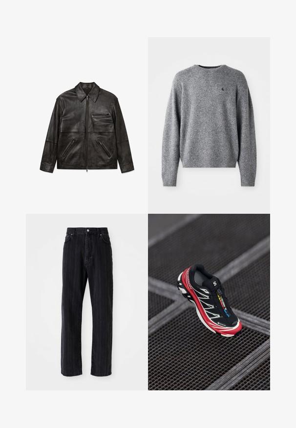 Černá kožená bunda s předním zipem, klasickým límečkem a třemi zipovými kapsami, vystavená na bílém pozadí.; Šedý pletený svetr s kulatým výstřihem, žebrovanými manžetami a lemem, a malým logem na hrudi. Měkká textilie a volný střih.; Černé džíny z denimu s vertikálními pruhy, rovný střih, přední kapsy a zapínání na knoflík. Hladká textura a jednotná barva.; Černá a červená sportovní obuv s texturovaným svrškem, reflexními akcenty a štítkem GORE-TEX. Vyznačuje se elegantním designem a integrovaným šněrovacím systémem.