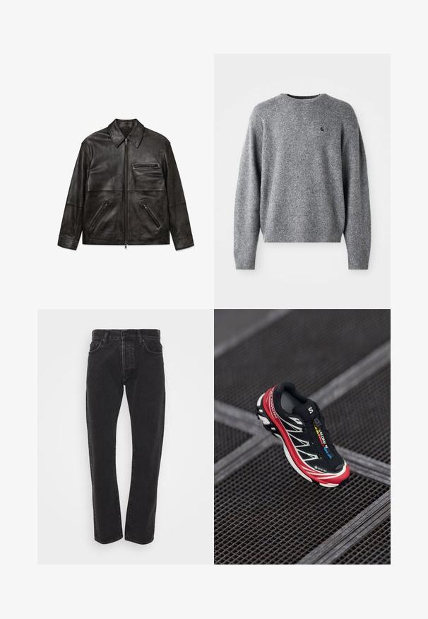 Czarna skórzana kurtka z przednim zamkiem, klasycznym kołnierzem i trzema kieszeniami na zamek, prezentowana na płasko na białym tle.; Szary sweter dziergany z okrągłym dekoltem, ściągaczami przy mankietach i u dołu oraz małym logo na piersi. Miękka faktura i luźny krój.; Czarne męskie dżinsy o prostym kroju z guzikami z przodu i zamkiem błyskawicznym, pięć kieszeni oraz pętle na pasek, na jednolitym białym tle.; Czarno-czerwony but sportowy z teksturowaną cholewką, refleksyjnymi akcentami i metką GORE-TEX. Posiada smukły design oraz zintegrowany system sznurowania.