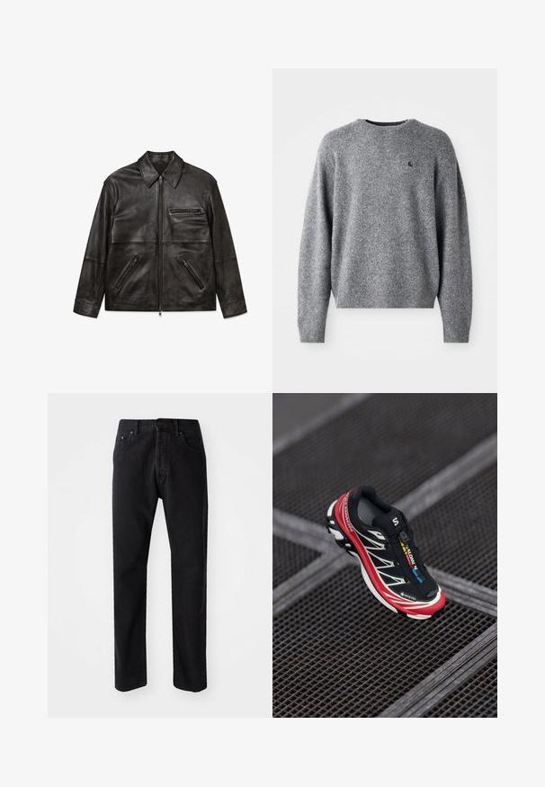 Czarna skórzana kurtka z przednim zamkiem, klasycznym kołnierzem i trzema kieszeniami na zamek, prezentowana na płasko na białym tle.; Szary sweter dziergany z okrągłym dekoltem, ściągaczami przy mankietach i u dołu oraz małym logo na piersi. Miękka faktura i luźny krój.; Czarne dżinsy o prostym kroju, pięć kieszeni i zapięcie na guzik. Charakteryzują się widocznym przeszyciem i miękkim, teksturowanym materiałem.; Czarno-czerwony but sportowy z teksturowaną cholewką, refleksyjnymi akcentami i metką GORE-TEX. Posiada smukły design oraz zintegrowany system sznurowania.