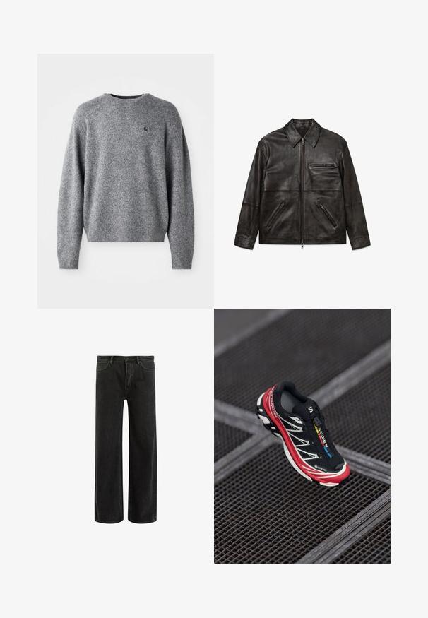 Veste en cuir noir avec fermeture éclair frontale, col classique et trois poches zippées, présentée à plat sur fond blanc.; Pull en maille gris avec un col rond, des bords-côtes aux poignets et à l'ourlet, et un petit logo sur la poitrine. Texture douce et coupe décontractée.; Trois débardeurs blancs côtelés en coton. Présentent un col rond et de petites étiquettes noires près de l'ourlet. Disponibles en plusieurs tailles.; Jean en denim noir à jambes larges avec taille haute, présentant un design classique à cinq poches et un léger délavage pour un aspect texturé.; Baskets de sport noires et rouges avec un dessus texturé, des accents réfléchissants et une étiquette GORE-TEX. Présente un design épuré et un système de laçage intégré.