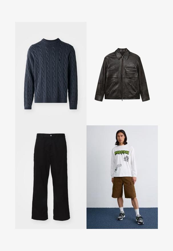 Jachetă din piele neagră cu fermoar frontal, guler clasic și trei buzunare cu fermoar, prezentată plat pe un fundal alb.; Pulover tricotat de culoare albastru marin, cu un model de cablu, gât rotund și manșete și tiv rib. Fabricat dintr-un material texturat pentru căldură.; Pantaloni negri cu picioare largi, realizați dintr-un amestec de bumbac, cu închidere prin buton și croială dreaptă, având o evidentă cusătură minimă.; Tricou alb cu mânecă lungă, decorat cu grafice negre și verzi, purtat împreună cu pantaloni scurți cargo maro și adidași multicolori. Fundal simplu.