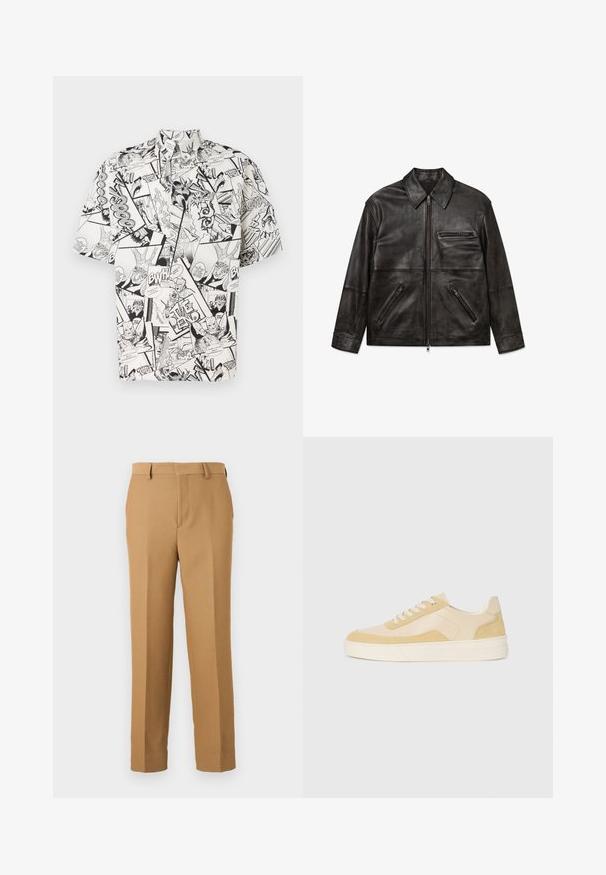 Melnas ādas jakas ar priekšējo rāvējslēdzēju, klasiskām apkaklēm un trim rāvējslēdzēju kabatām, attēlotas uz balta fona.; Īsām piedurknēm krekls, izgatavots no viegla auduma, ar melnbaltu komiksu apdruku, kurā ir dažādi paneļi un runājošās burbuļi.; Bēšas krāsas bikses noaustā audumā, ar taisnu griezumu, plakanu priekšu un jostas cilpām. Gluda tekstūra bez redzamām rakstām.; Sarkani kedu no gaišas dzeltenas zamšas un ādas, ar mīkstinātu zoli un izšūti akcenti. Klasisks auklu aizdare ar noapaļotu purngalu.