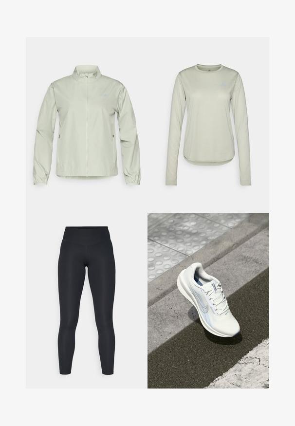 Lys grøn vindjakke med højt krave, lynlåslynt foran, elastiske manchetter og sidelommer; glat, vandafvisende stof.; Langærmet lysegrøn skjorte lavet af tekstureret stof, med en rund halsudskæring og et lille logo på venstre bryst.; Sorte leggings lavet af strækbart stof, med en høj talje, glat tekstur og en kropsnær pasform. Ingen synlige mønstre eller hardware.; Let lightvægtig hvid løbesko med en tekstureret mesh-overdel, glatte kurver, blå accenter og en gummisål, placeret på asfalt og beton.
