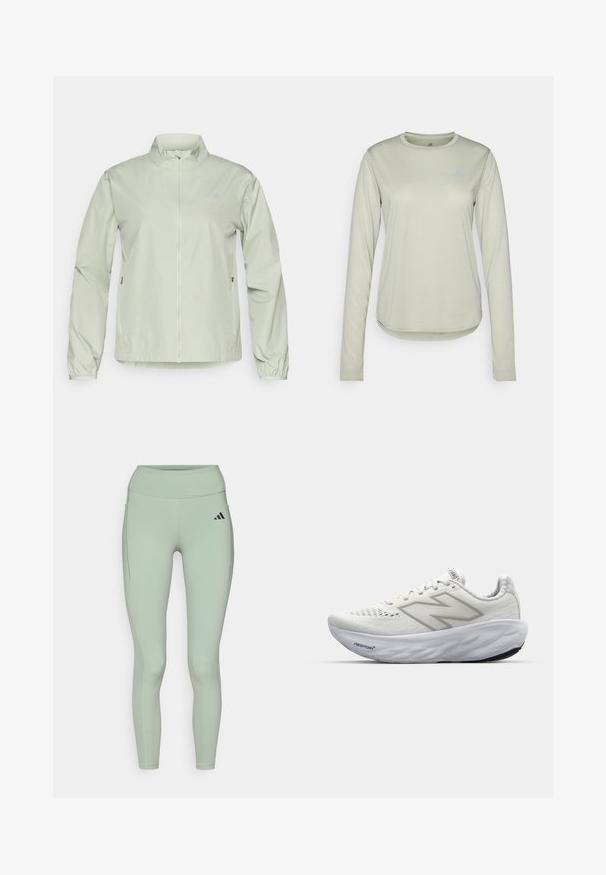 Vihreä tuulenpitävä takki, jossa on pystykaulus, vetoketjusuljenta, joustavat hihansuut ja sivutaskut; sileä, vettä hylkivä kangas.; Vaaleanvihreä pitkähihainen paita, joka on valmistettu teksturoidusta kankaasta. Paidassa on pyöreä kaula-aukko ja pieni logo vasemmassa rinnassa.; Vihreät urheiluleggingsit, jotka on valmistettu joustavasta kankaasta. Tyylissä on korkea vyötärö, sivutasku ja hillitty verkkokuvio sivuilla.; Valkoiset urheilukengät, joissa on verkkonauhainen päällinen, pehmustettu kaula, teksturoitu pohja ja "Fresh Foam" -merkintä välipohjassa.