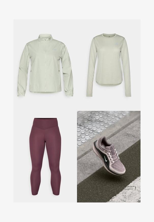 Vihreä tuulenpitävä takki, jossa on pystykaulus, vetoketjusuljenta, joustavat hihansuut ja sivutaskut; sileä, vettä hylkivä kangas.; Vaaleanvihreä pitkähihainen paita, joka on valmistettu teksturoidusta kankaasta. Paidassa on pyöreä kaula-aukko ja pieni logo vasemmassa rinnassa.; Vartalolle tiukasti istuvat, korkeavyötäröiset legginssit syvän burgundin värisessä sävyssä. Valmistettu sileästä, joustavasta kankaasta ilman näkyviä kuvioita tai metalliosia.; Vaaleanlila urheilujalkine, jossa on tikattu pinta, mustat sivuakkentit ja valkoinen logo. Varusteena nauhat ja pehmustettu pohja mukavuutta varten.